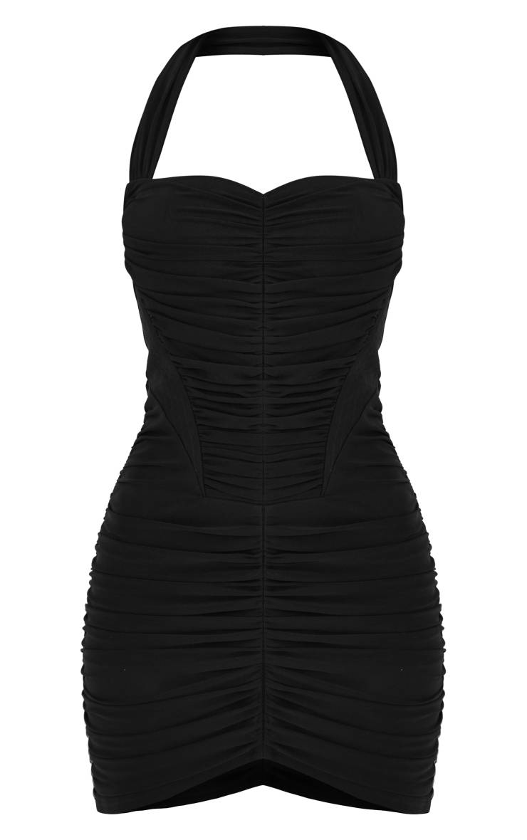 Noir Robe Moulante Courte À Col Licou Avec Corset Froncé En Mesh Extrême