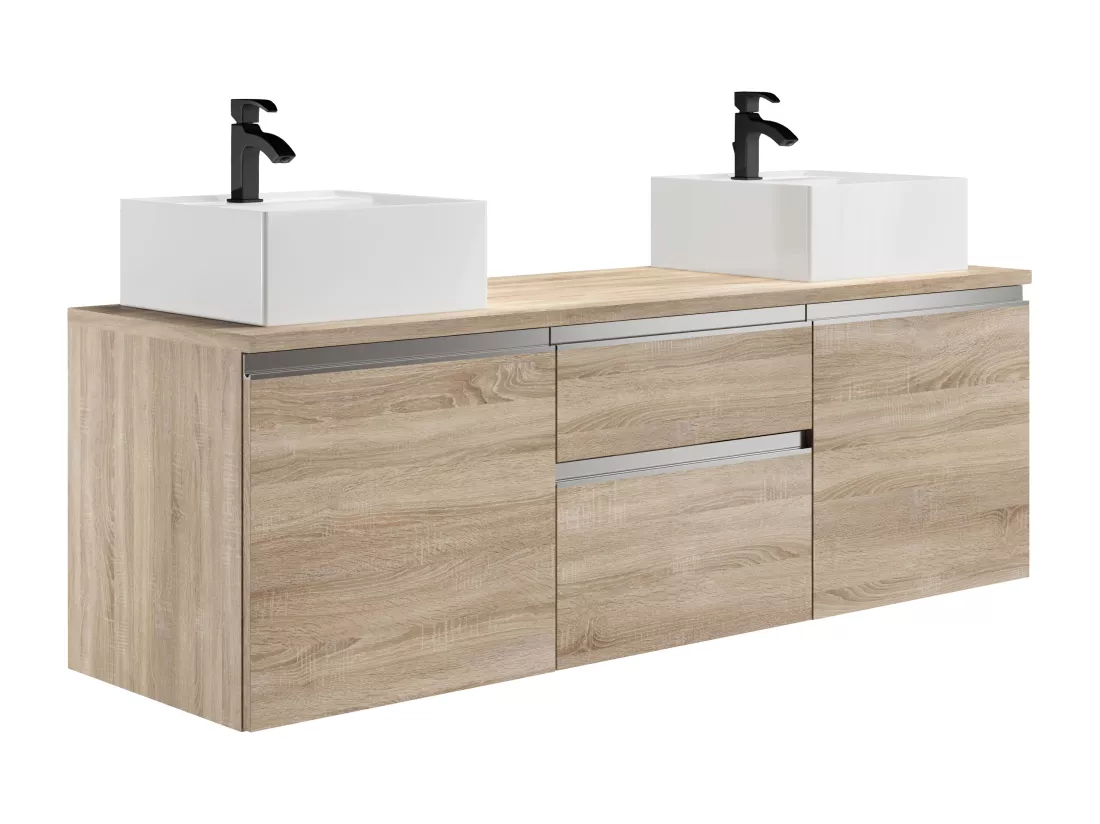 Meuble de salle de bain suspendu avec double vasque - Naturel clair - 150 cm - JIMENA II