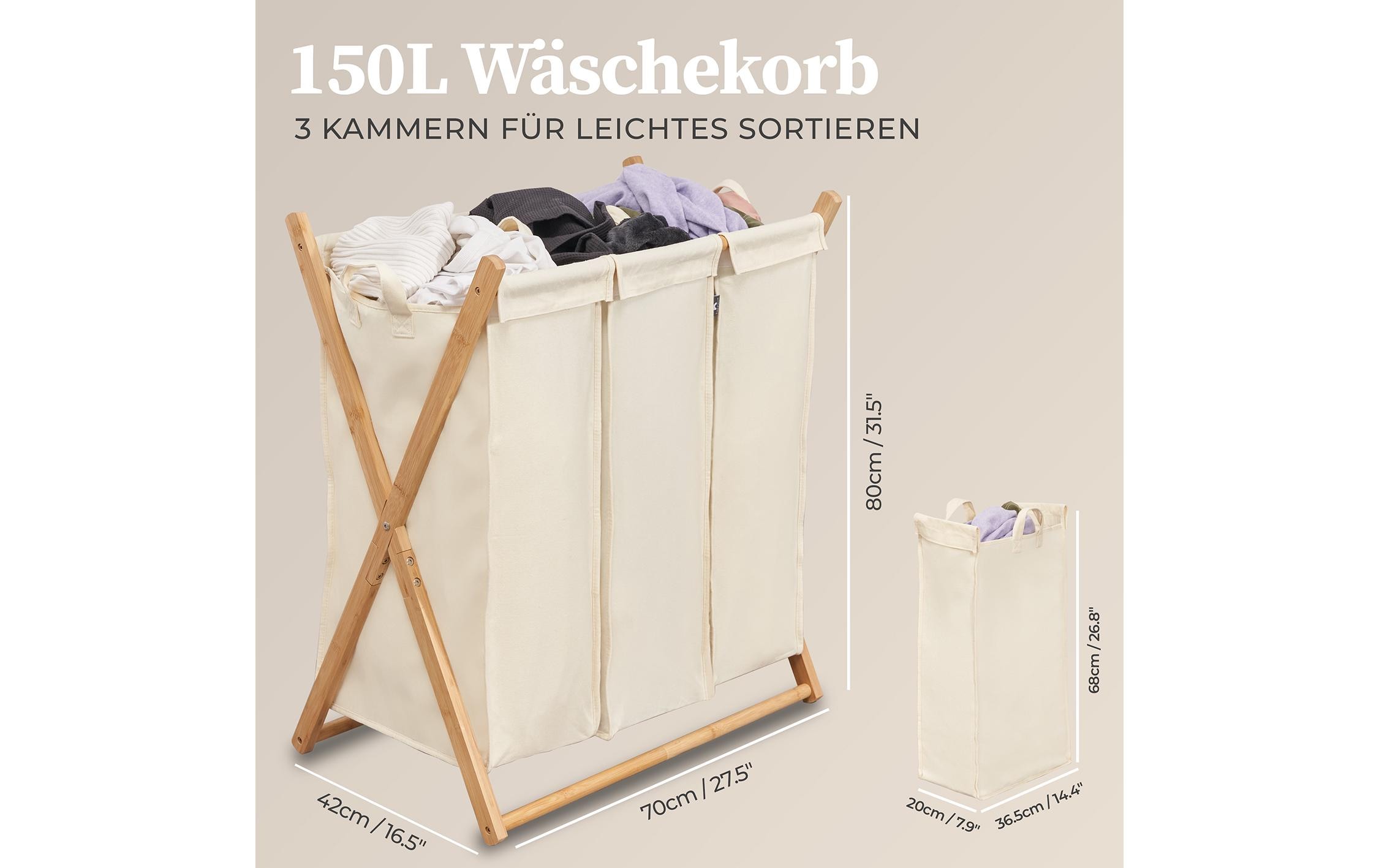 Wäschekorb Xavier 150 l, Grau/NatureAufbewahrungsbox mit 3 Kammern