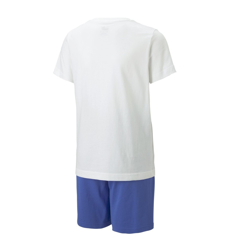 Conjunto de camisa e shorts Puma Logolab, branco e azul.