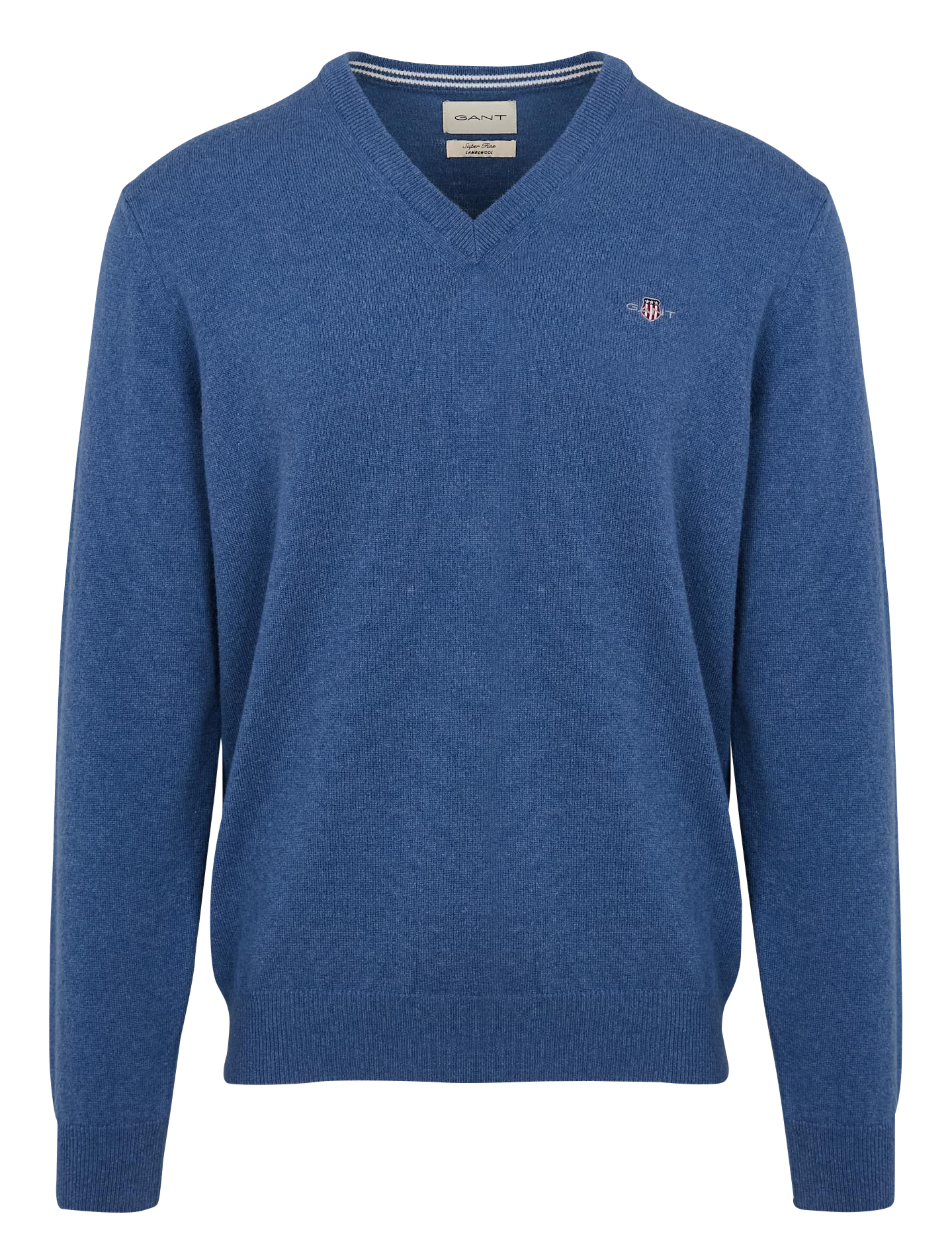 Pull droit col V brodé en laine | Bleu