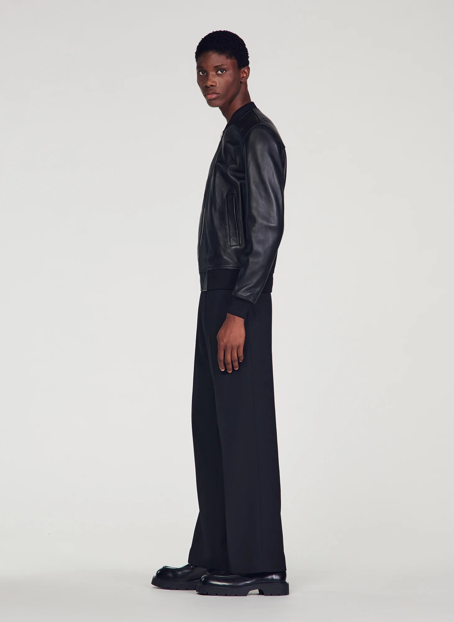 Blouson col teddy en cuir| Noir