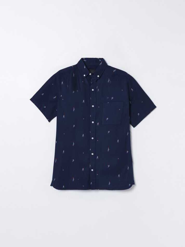 Camisa oxford estampada de manga curta - Azul-marinho