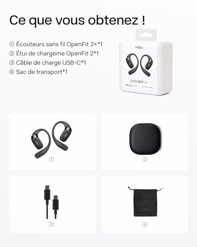 SHOKZ OpenFit 2+ Nouveaux Casques à Oreilles Libres, Dolby Audio, Crochets d’Oreille Souples, 48 Heures d’autonomie, résistance à l’Eau IP55, Recharge sans Fil, avec Sac de Transport, Noir