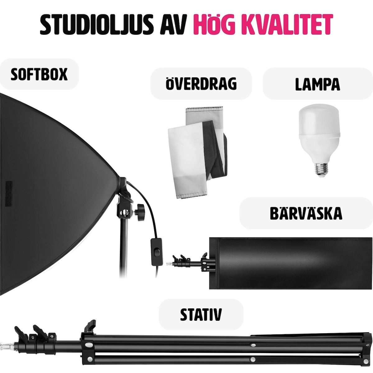 Studiolys med softbox, stativ og bæreveske - svart