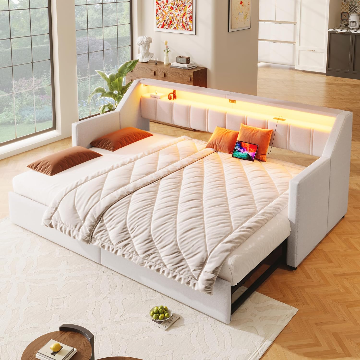 Polsterbett Tagesbett mit LED & USB Typ-C Ladefunktion, Ausziehbares Schlafsofa 90/180x200 cm, Multifunktionsbett Gästebett Einzelbett/Doppelbett mit 2 Schubladen & Lattenrost, Ohne Matratze, Beige