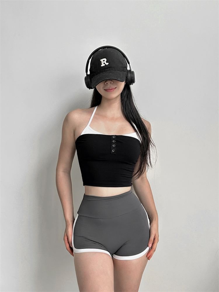 Arigne - Mock Two-Piece Halter Neck Two Tone Sports Top
