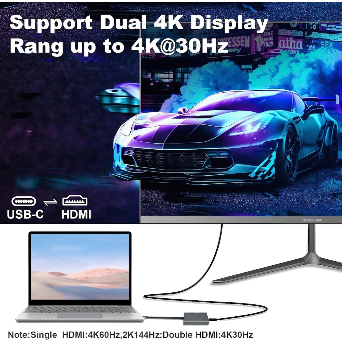 NÖRDIC USB-C-adapter for doble HDMI-skjermer, 4K 60Hz, Windows, MacOS, Android