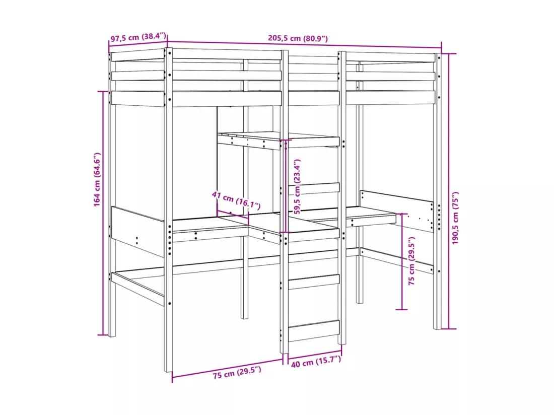 Lit mezzanine avec bureau et étagères 90x200 cm pin massif