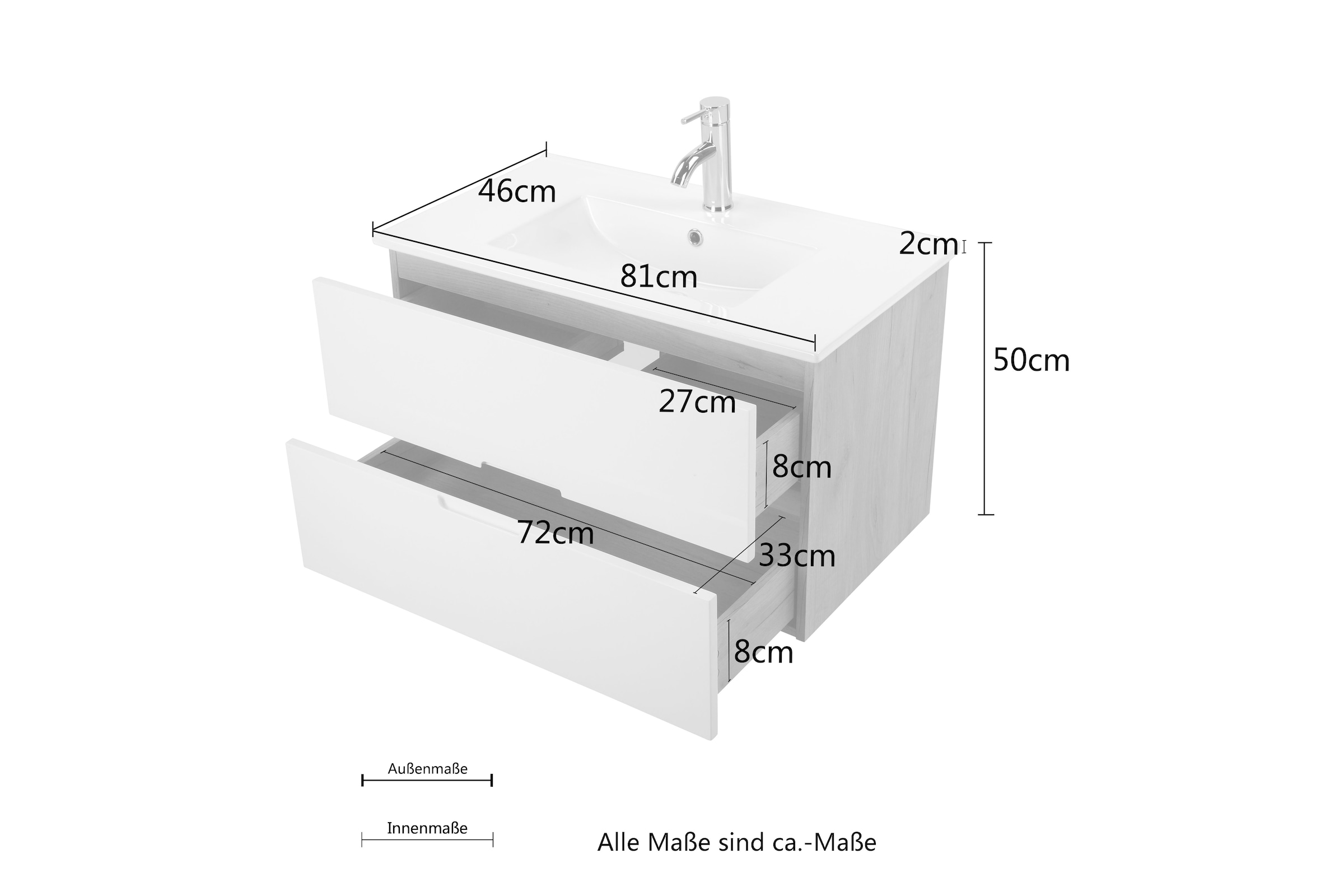 welltime Waschtisch »Lund Badezimmerschrank Unterschrank mit Becken« Set,  Waschplatz mit Waschbecken  und 2 Auszügen Breite 80 cm