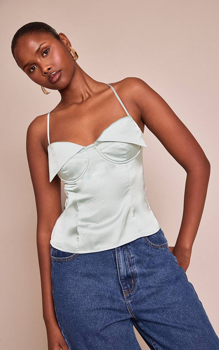 Bleu Top Long À Bretelles En Satin Avec Détail Drapé