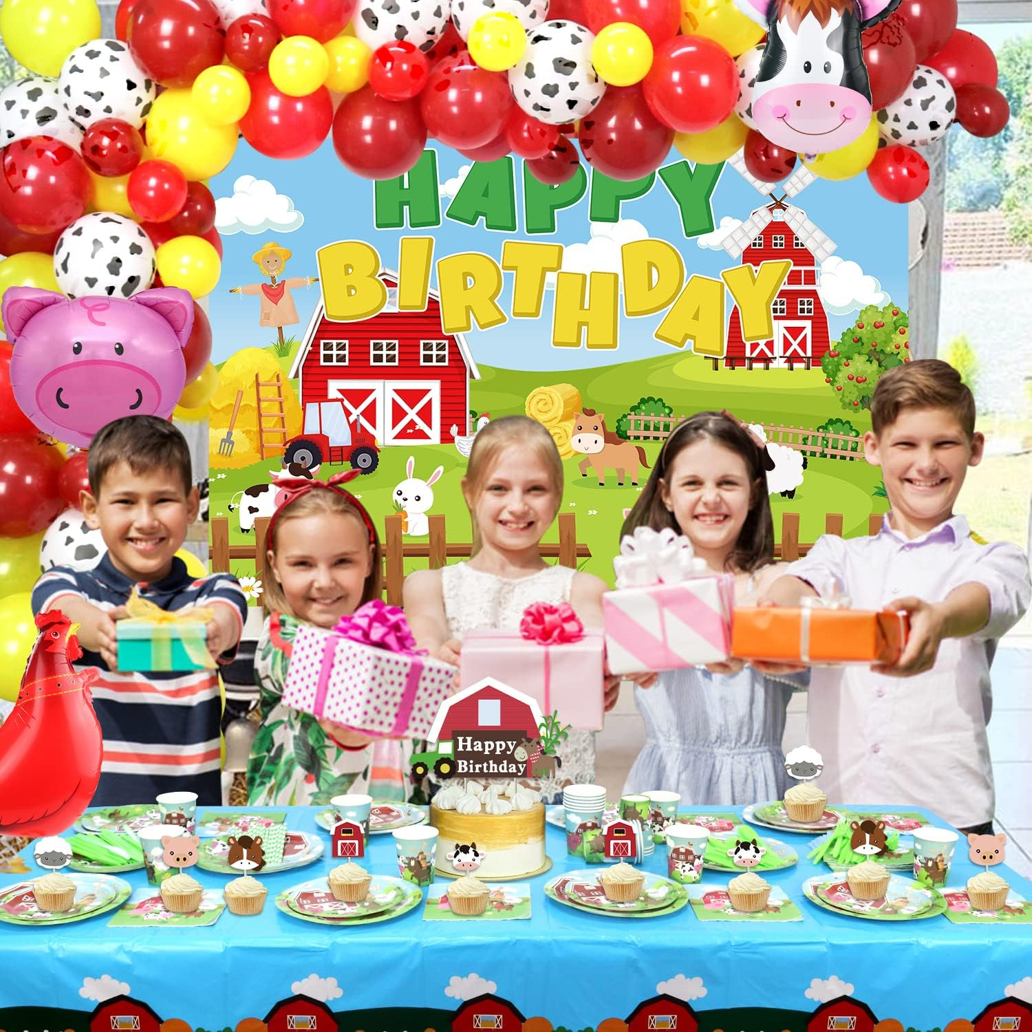 (64-tlg. Set) Einweg Geschirr Kinder Party Tisch Deko inkl. Teller / Servietten / Papp Becher - Bauernhof