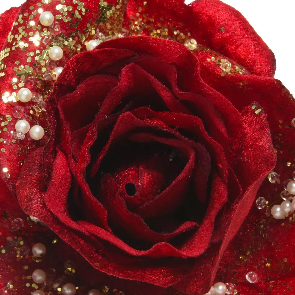 Fleur décorative sur pince (D13 cm) Rose perlée Rouge