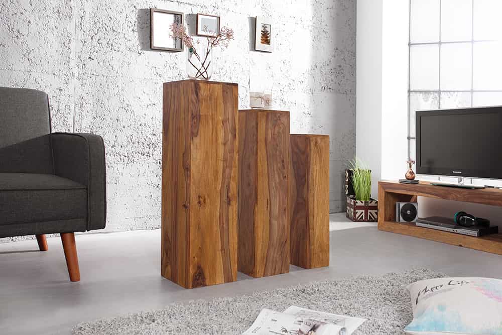 Design Deko Säule 3er Set MAKASSAR 80cm braun Sheesham stone finish Handarbeit