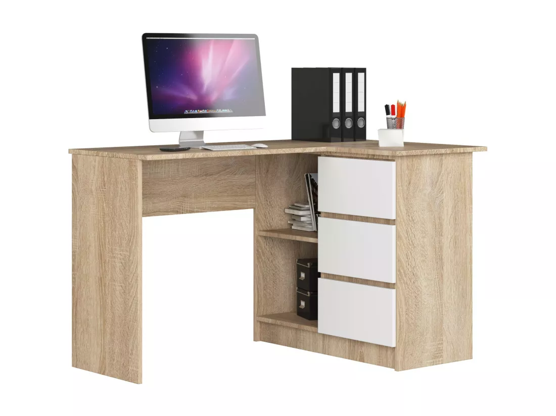 Bureau AKORD d'angle droit B16 Chêne Sonoma 124 cm 3 tiroirs façade Blanche 2 étagères 124x85x77 cm