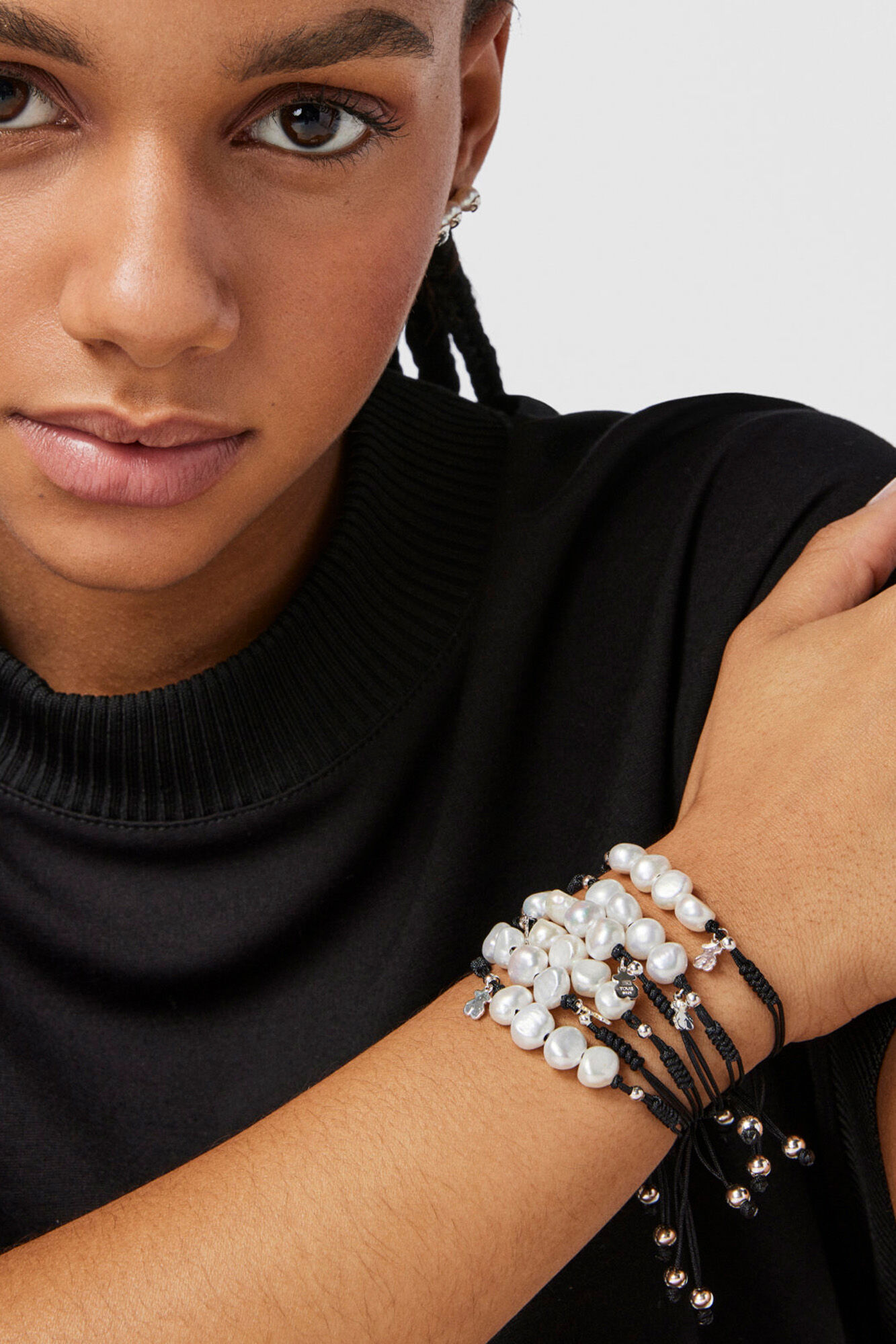 Pulsera de cordon, plata y perlas cultivadas - Gris