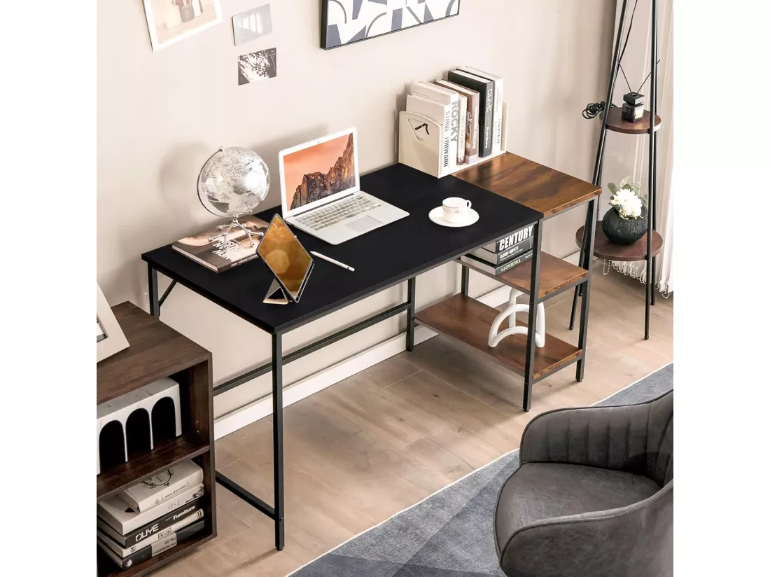 Bureau d'Ordinateur, Bureau avec Étagères de Rangement, Table Informatique avec Panneau d'Épissure, Cadre en Acier, Style Industriel, 140 X 60 X 74 cm (Noir)