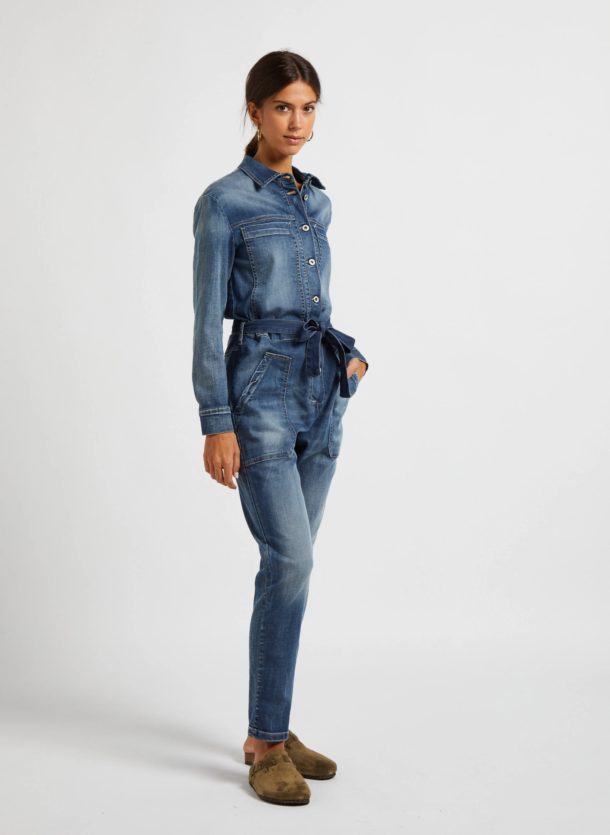 Combinaison droite en denim délavé| Bleu