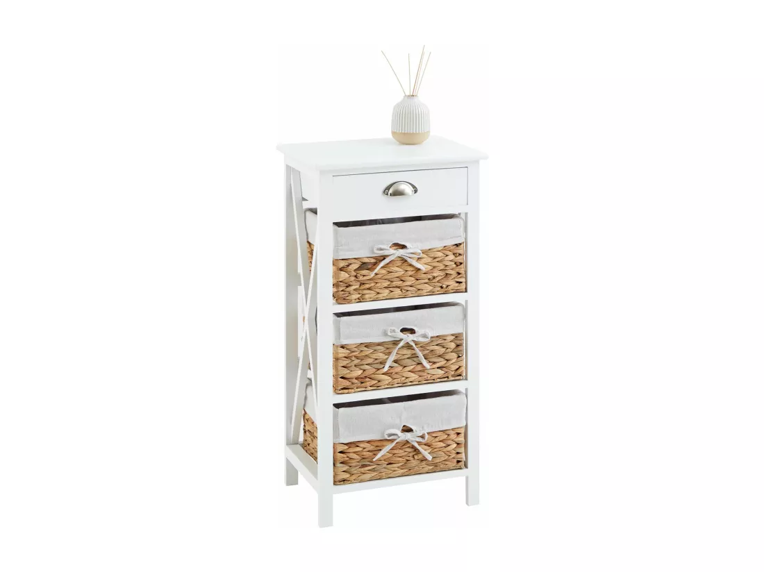 Table de chevet NUSCO table de nuit en bois lasuré blanc avec 1 tiroir et 3 paniers en fibre naturelle et insert en tissu blanc