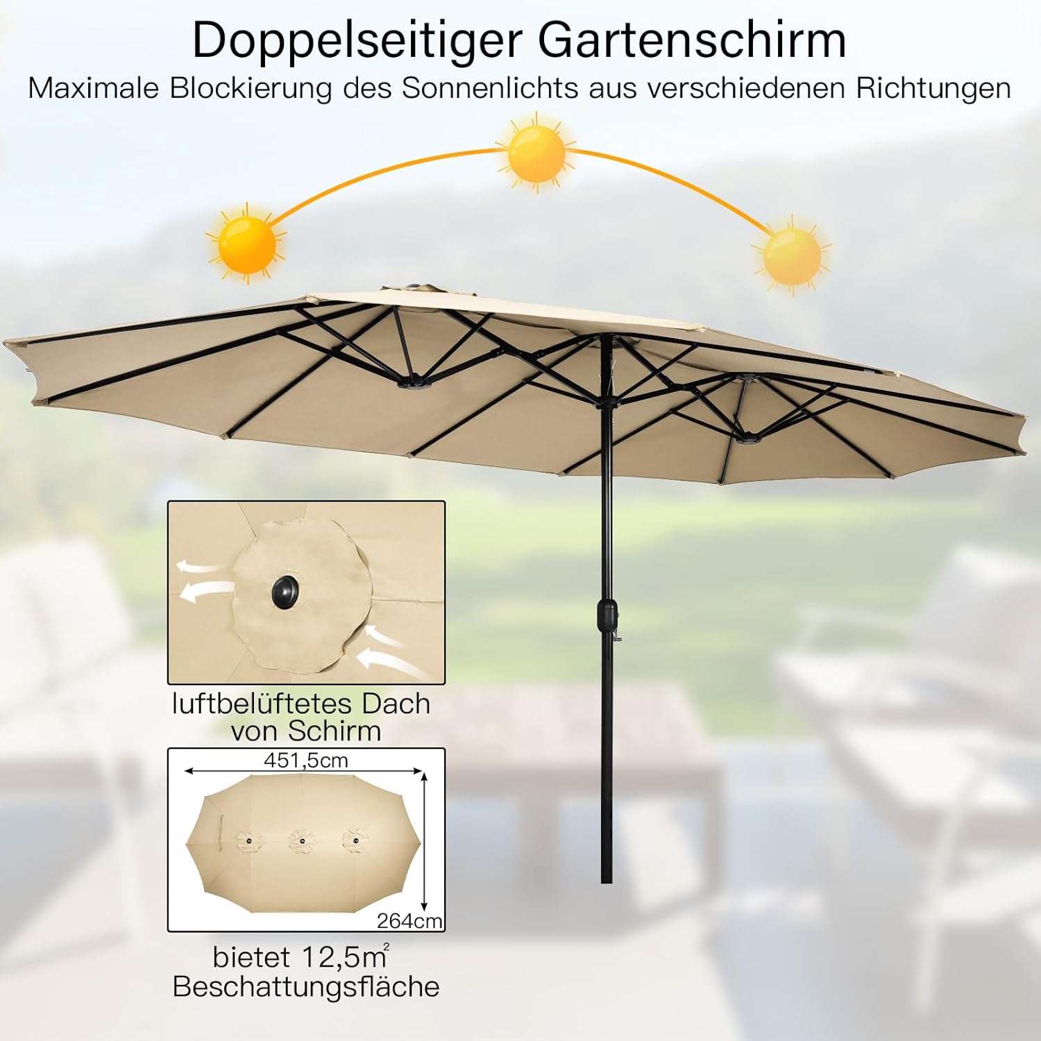 COSTWAY Doppelsonnenschirm mit Ständer, 451,5 x 264 cm, Sonnenschirm Groß XXL, UPF 50+, Gartenschirm mit Kurbel, Terrassenschirm, Marktschirm für Garten, Terrasse & Pool (Beige)