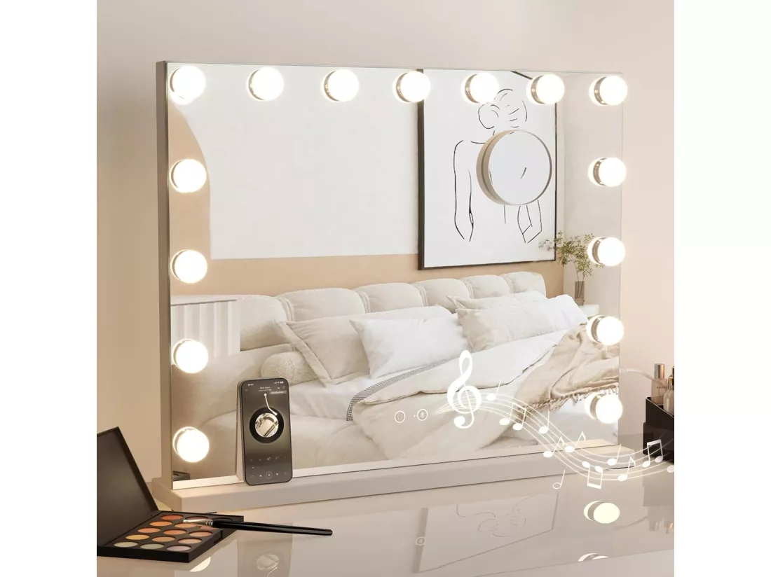 Miroir Hollywood avec Lampe et Haut - Parleur Bluetooth miroir de maquillage avec 15 ampoules LED dimmables 58 x 48 cm - Blanc