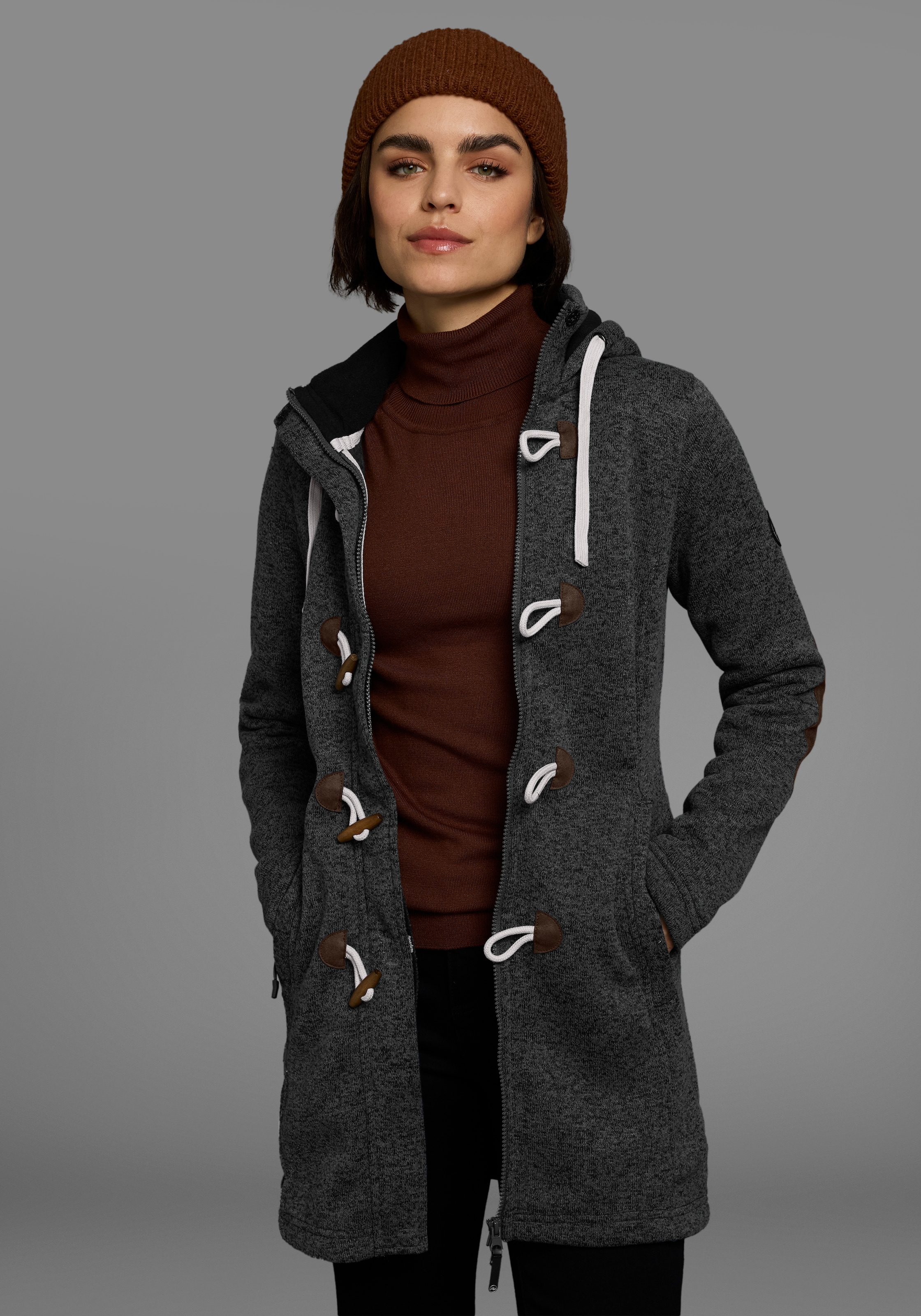 Polarino Strickfleecejacke mit Kapuze für den Übergang,  aus Strickfleece,  atmungsaktiv