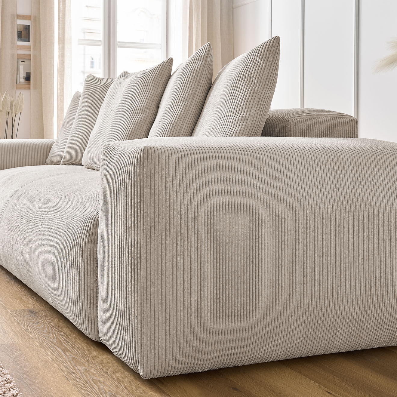Bobochic Canapé droit fixe 3 places ultra moelleux voltaire velours côtelé beige - 280x124x75 cm