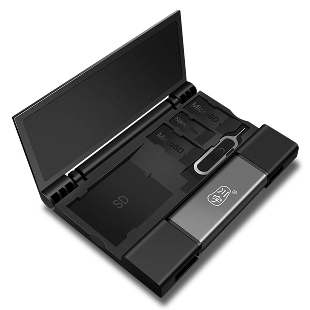 2in1 USB C / USB 3.0 Alu Kartenlesegerät Card Reader für SD und Micro SD Speicherkarten   Aufbewahrungsbox - Grau