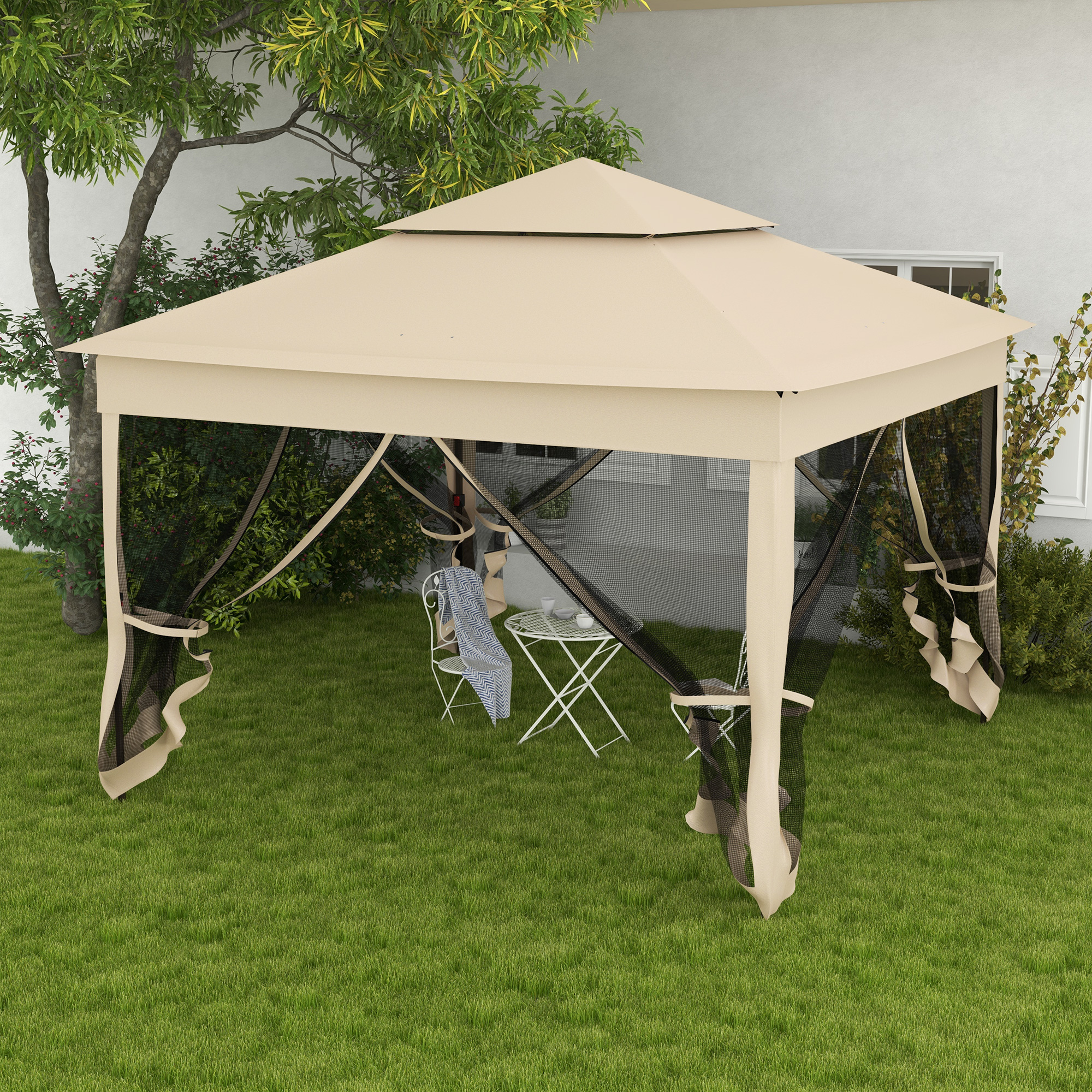 Tenda dobrável Outsunny 325x325x270 cm, gazebo de jardim com teto duplo, paredes laterais removíveis e estrutura metálica para acampamentos e festas, cor creme.