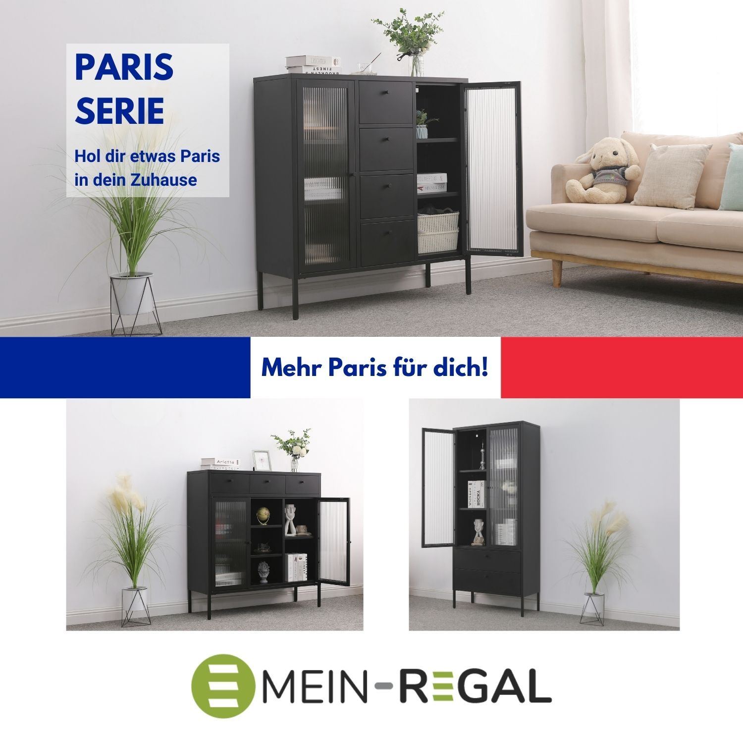 Mein-Regal Highboard Paris 105x35x110cm Metall 4 Schubladen Glastüren schwarz