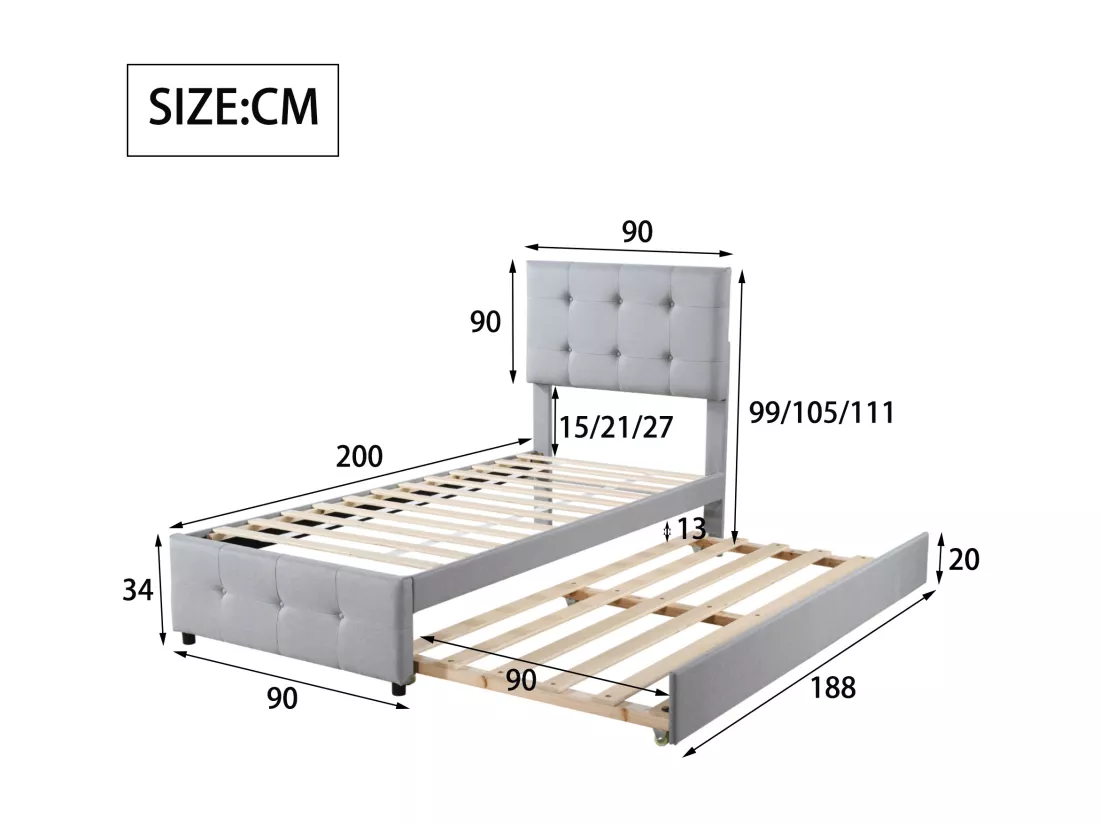 Lit gigogne 90 x 190/200 cm - tête de lit réglable - tissu lin - pour enfants - gris