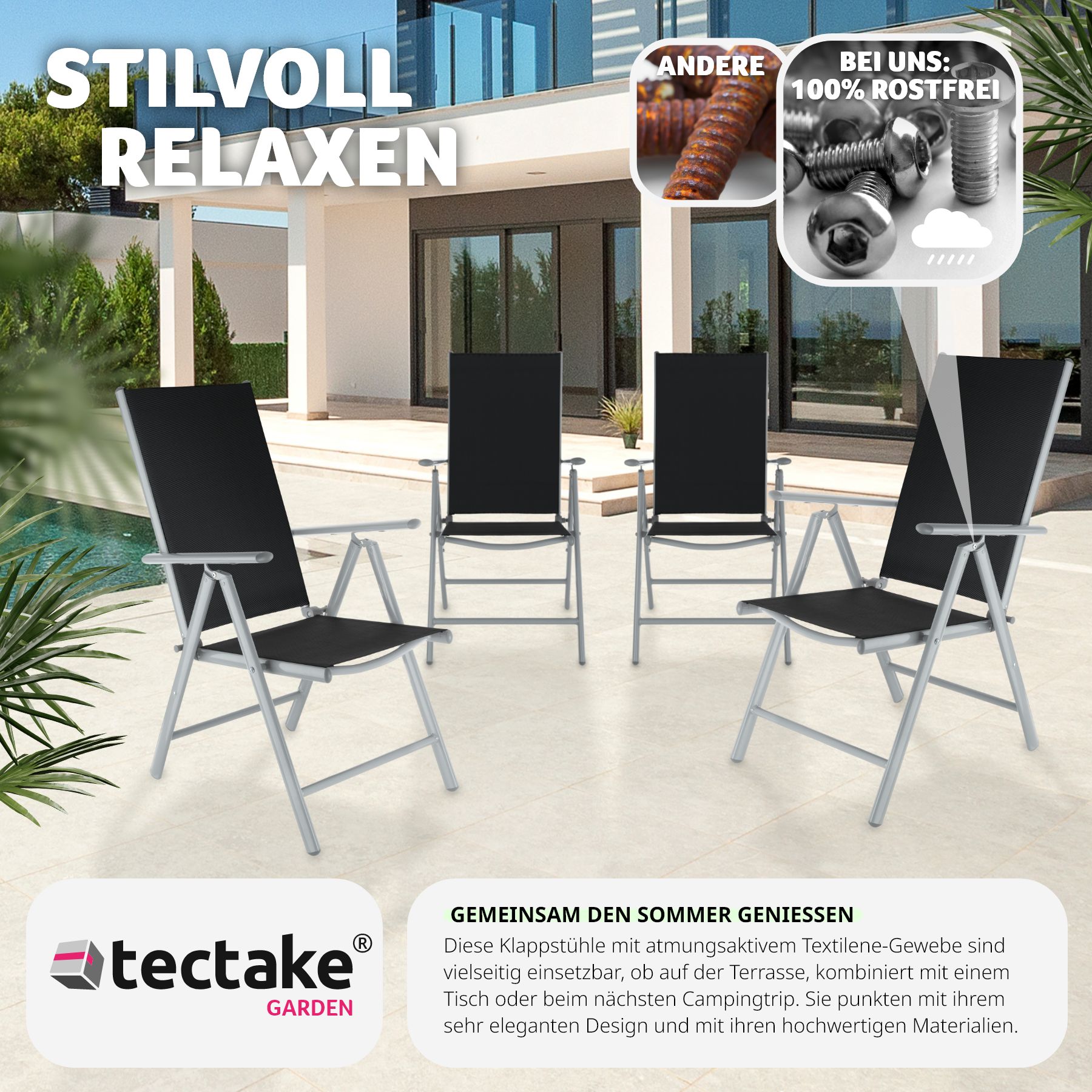 tectake® 4er Set Gartenstuhl, klappbar, 7-fach verstellbare Rückenlehne, 67 x 56 x 105 cm