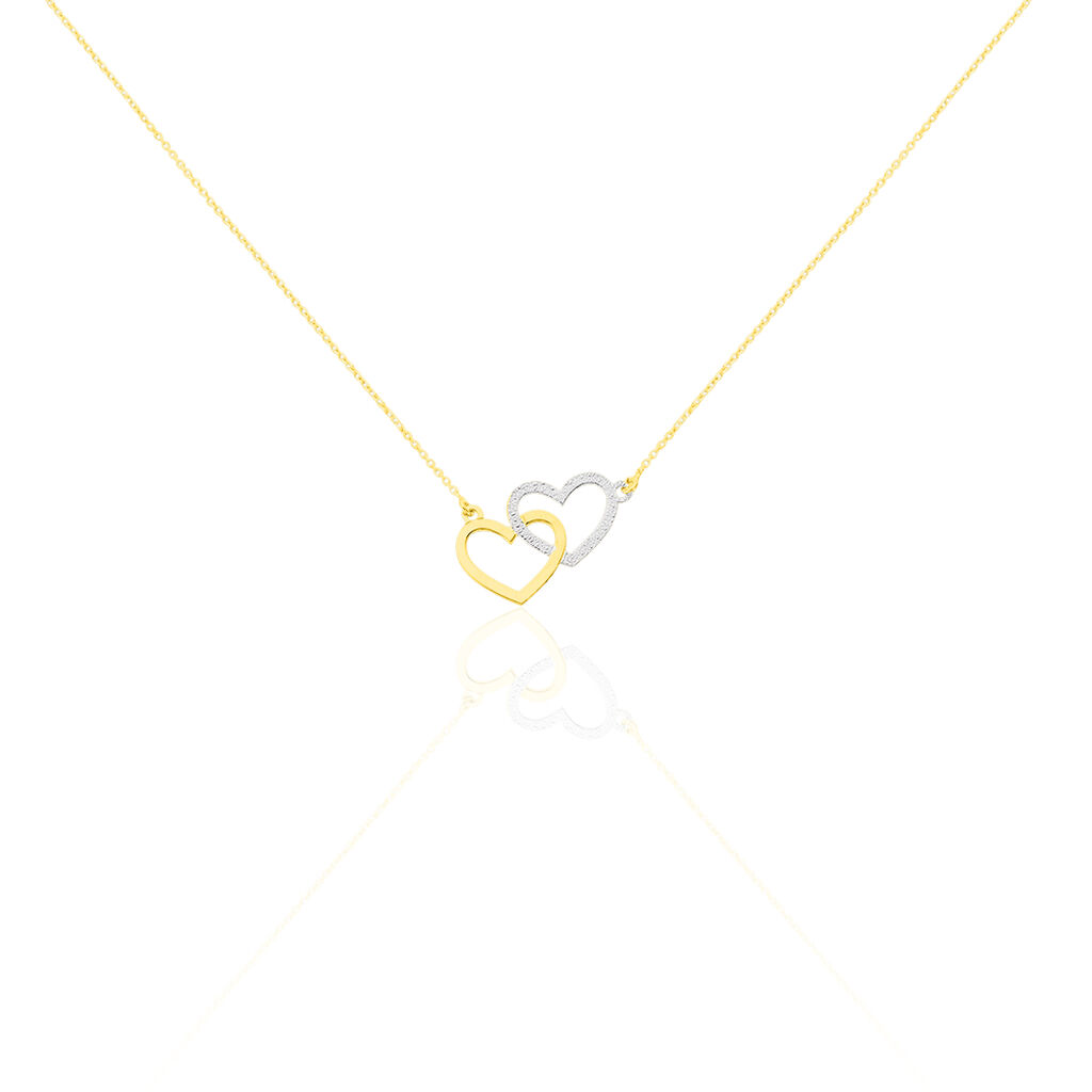 Collier Double Coeur Satines Or Bicolore