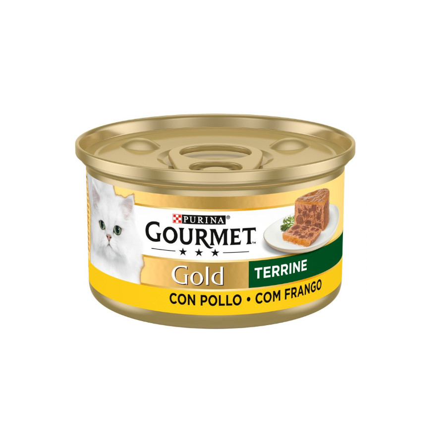 Terrina de frango gourmet dourada em lata para gatos