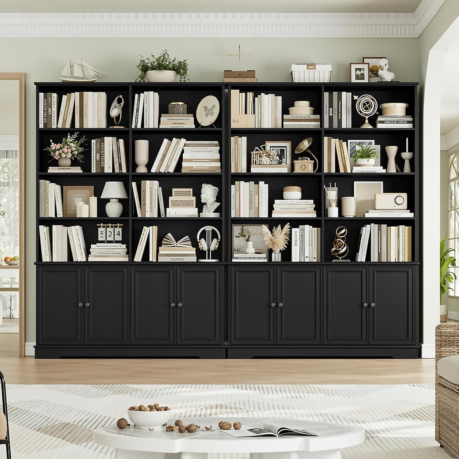 FirFurd 185cm Bücherregal mit Türen Bücherschrank mit 12 Fächern Vitrinenschrank aus Holz Hochschrank Regal mit Türen für Wohnzimmer Arbeitszimmer Büro Küche 185 x 27 x 120cm Schwarz