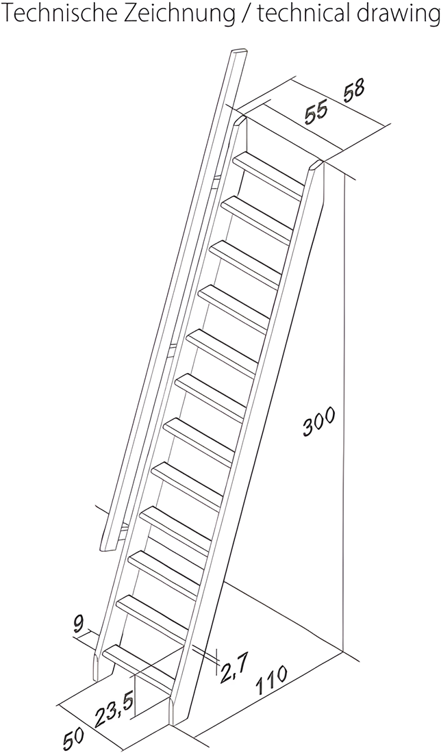 Uitschuifbare trap “Flex” van HandyStairs – hoogte 300 cm – 12 treden van grenenhout – met leuning