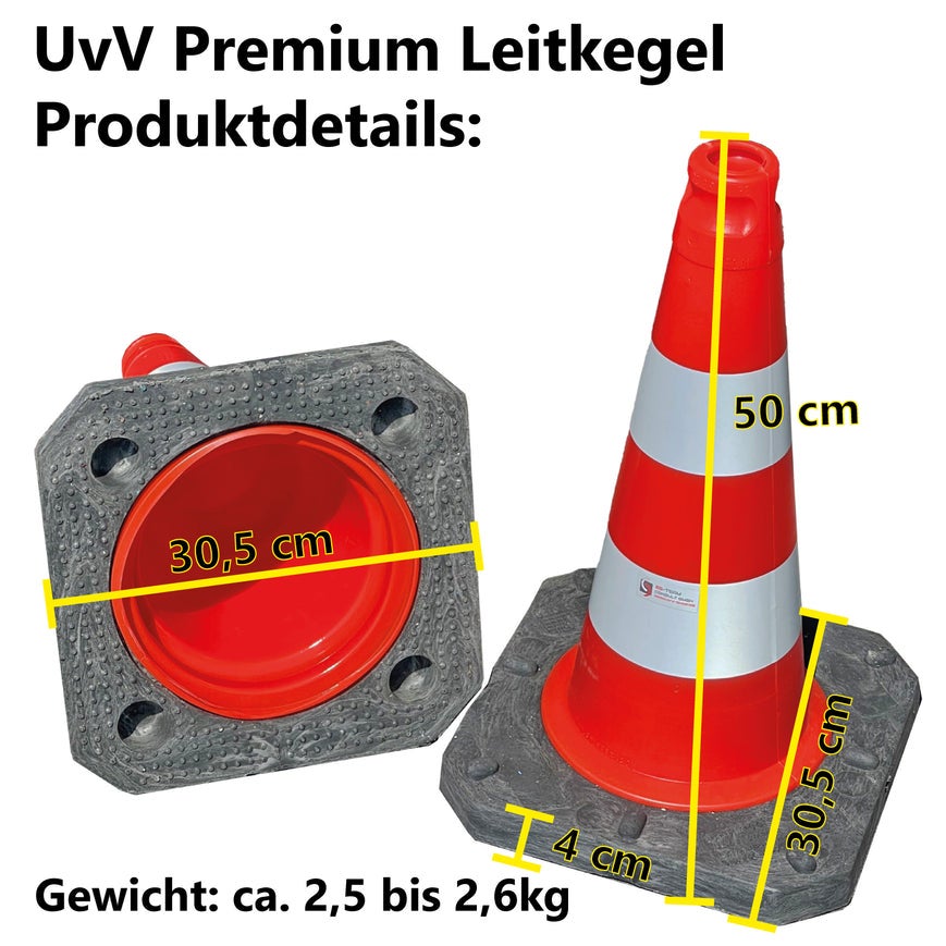 UvV Profi Set Premium Verkeerskegels / Pylonen 500mm - duurzame, zware verkeerskegels, stabiel, laag zwaartepunt (set van 4 stuks)