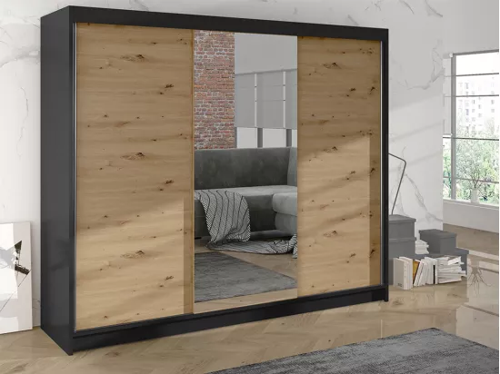 Armoire Closico 158, Noir|Chêne Artisan, 215x200x58cm, Portes d'armoire: Glissement