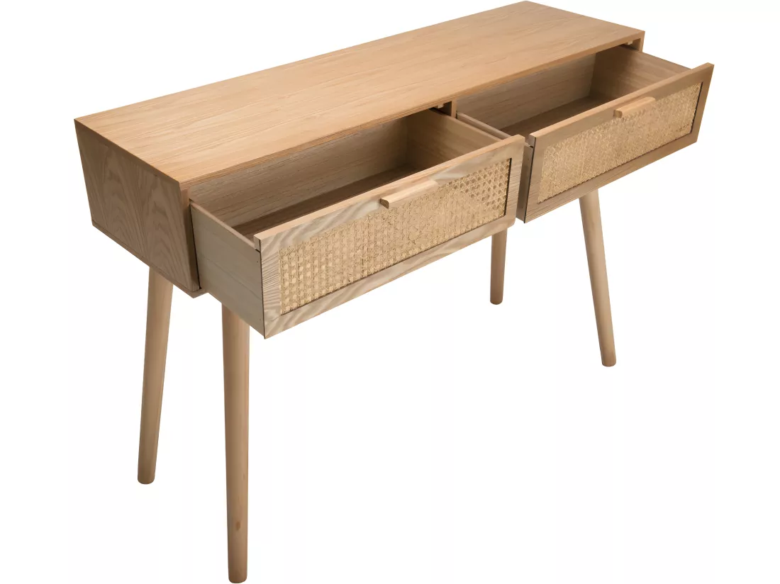 ROMEO - Console couleur naturelle 2 tiroirs bois cannage