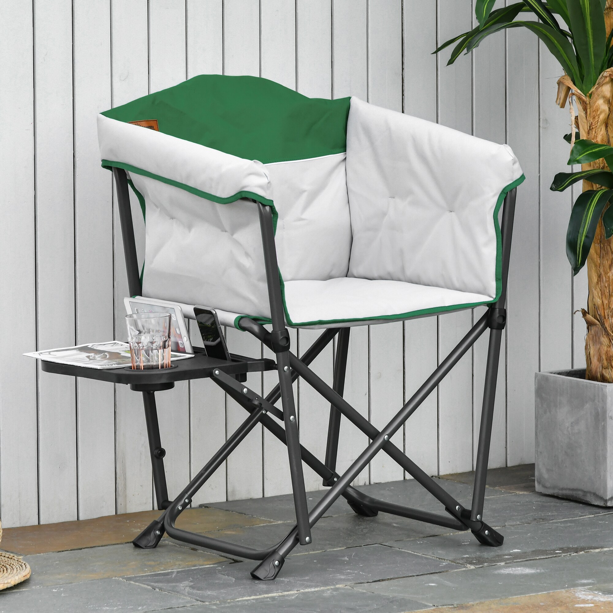 Outsunny Campingstuhl mit Getränkehalterung weiss, grün 83 x 64 x 90 cm (LxBxH)