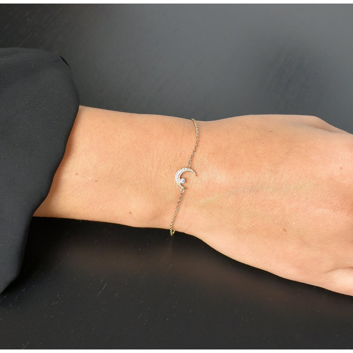 Bracelet croissant de lune et oxyde de zirconium Plaqué OR 750 3 microns