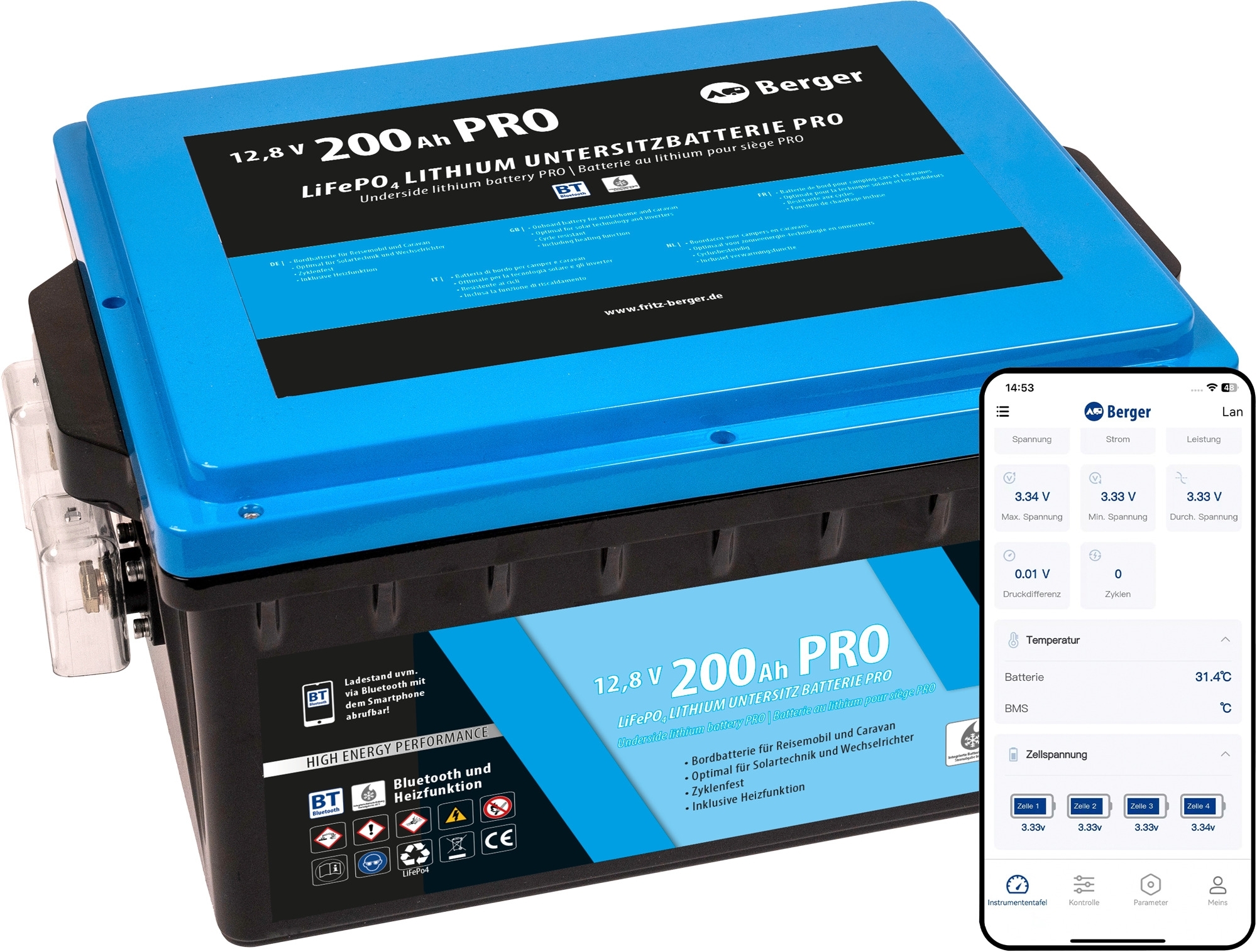 Berger LiFePO4 Lithium Untersitz-Batterie  Pro 200 Ah 12V mit Bluetooth & Heizung