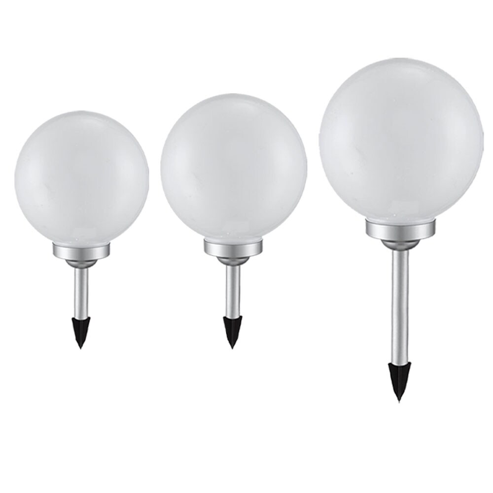3er Set LED Solarleuchten, Kugel weiß, Erdspieß, D 20/25/30 cm