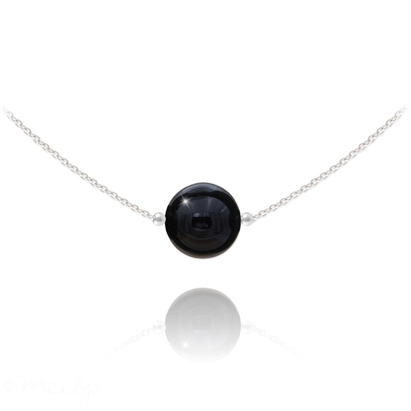 Collier ras du cou en argent 925 rhodié avec pierre naturelle 10mm - Onyx