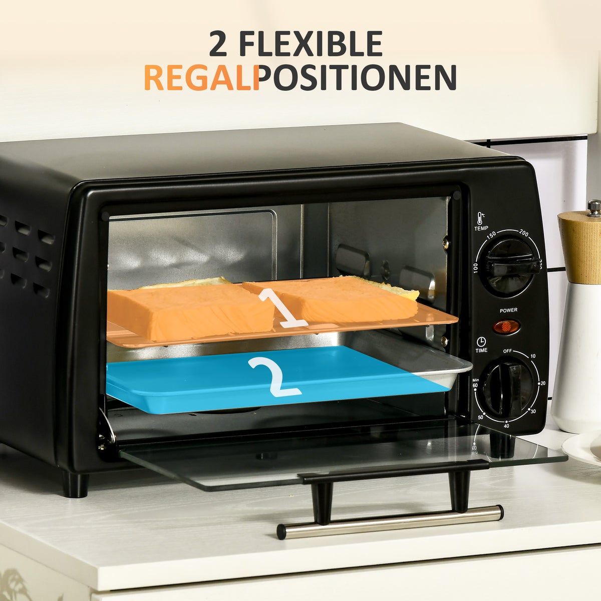 HOMCOM Mini Oven, 10 Liter, 750W, met temperatuur tot 230 ℃, 60 minuten timer, 36,5x26x22 cm, metaal, zwart