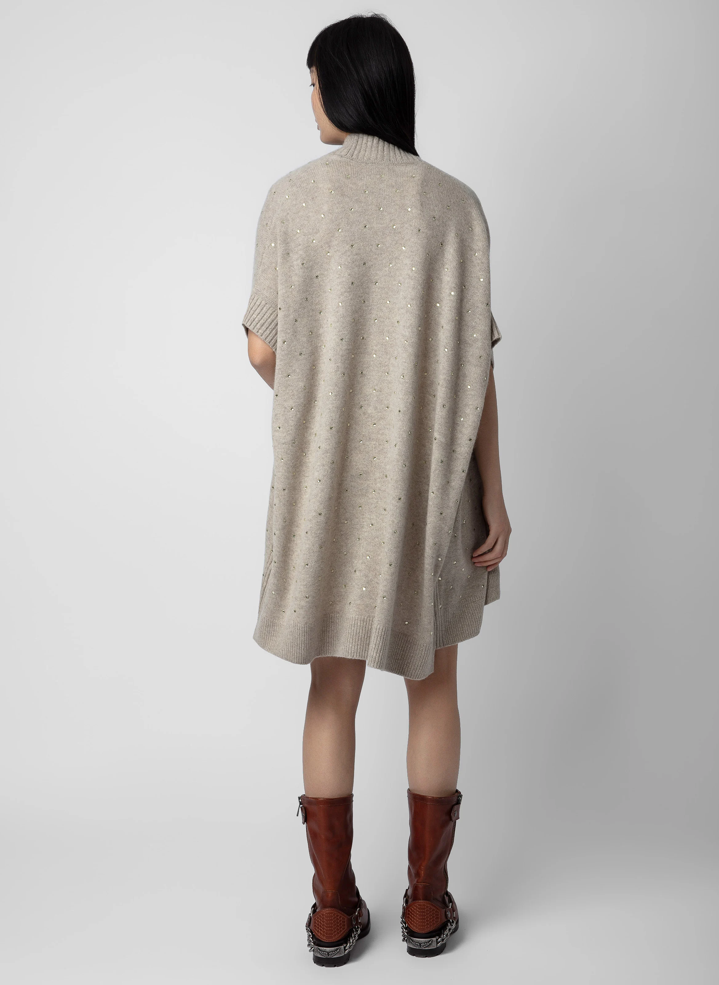 INDIANY - Gilet mi-long à strass en cachemire| Marron