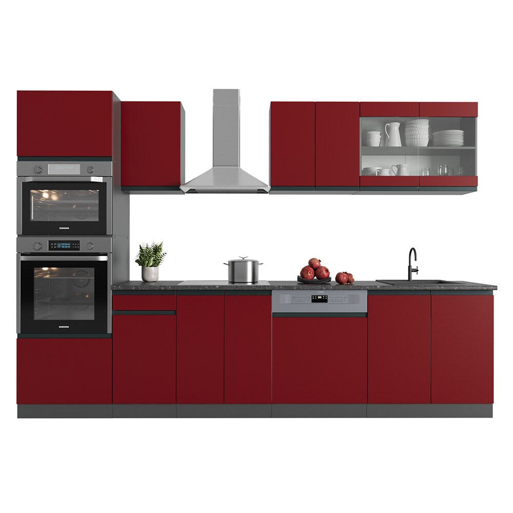 Vicco Küchenzeile Küchenblock Einbauküche R-Line J-Shape Anthrazit Rot 300 cm modern Küchenschränke Küchenmöbel
