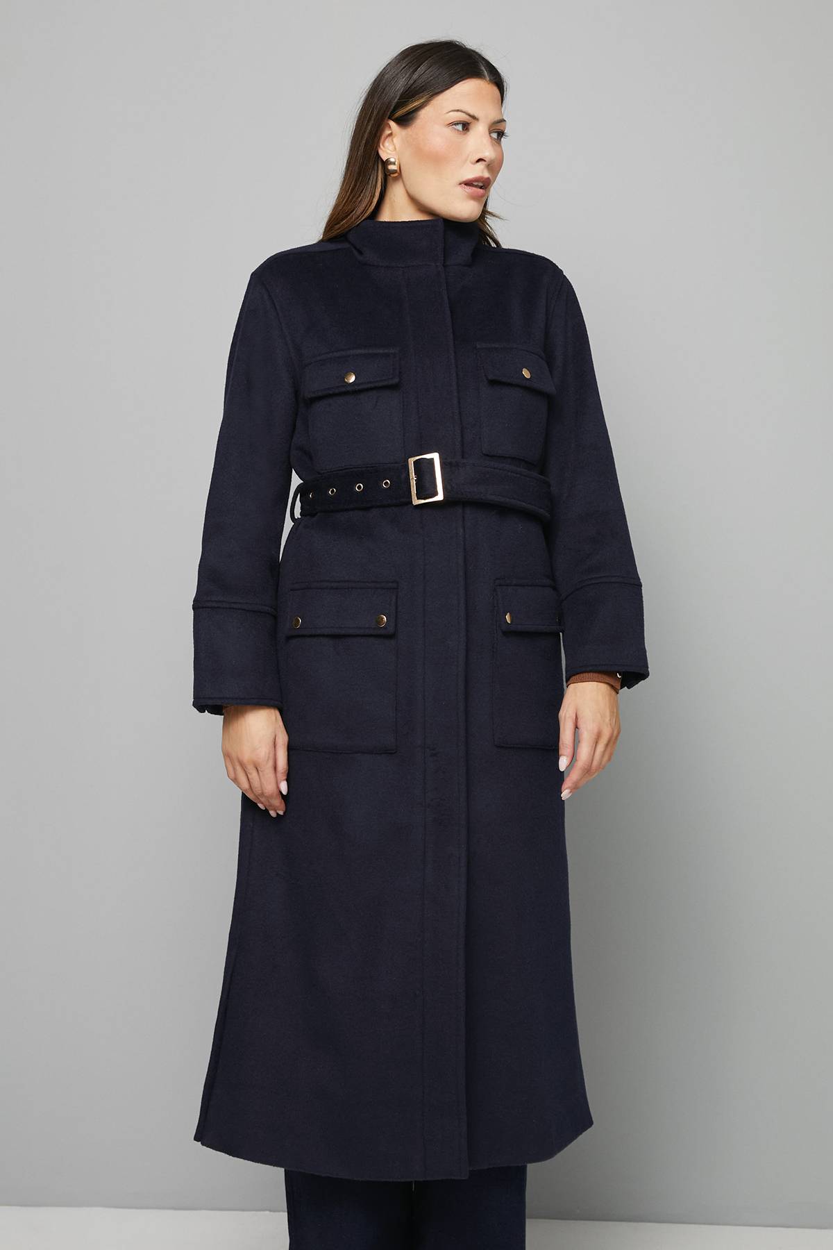 Wallis Manteau Militaire Ceinturé à Col Structuré avec Boutonnage