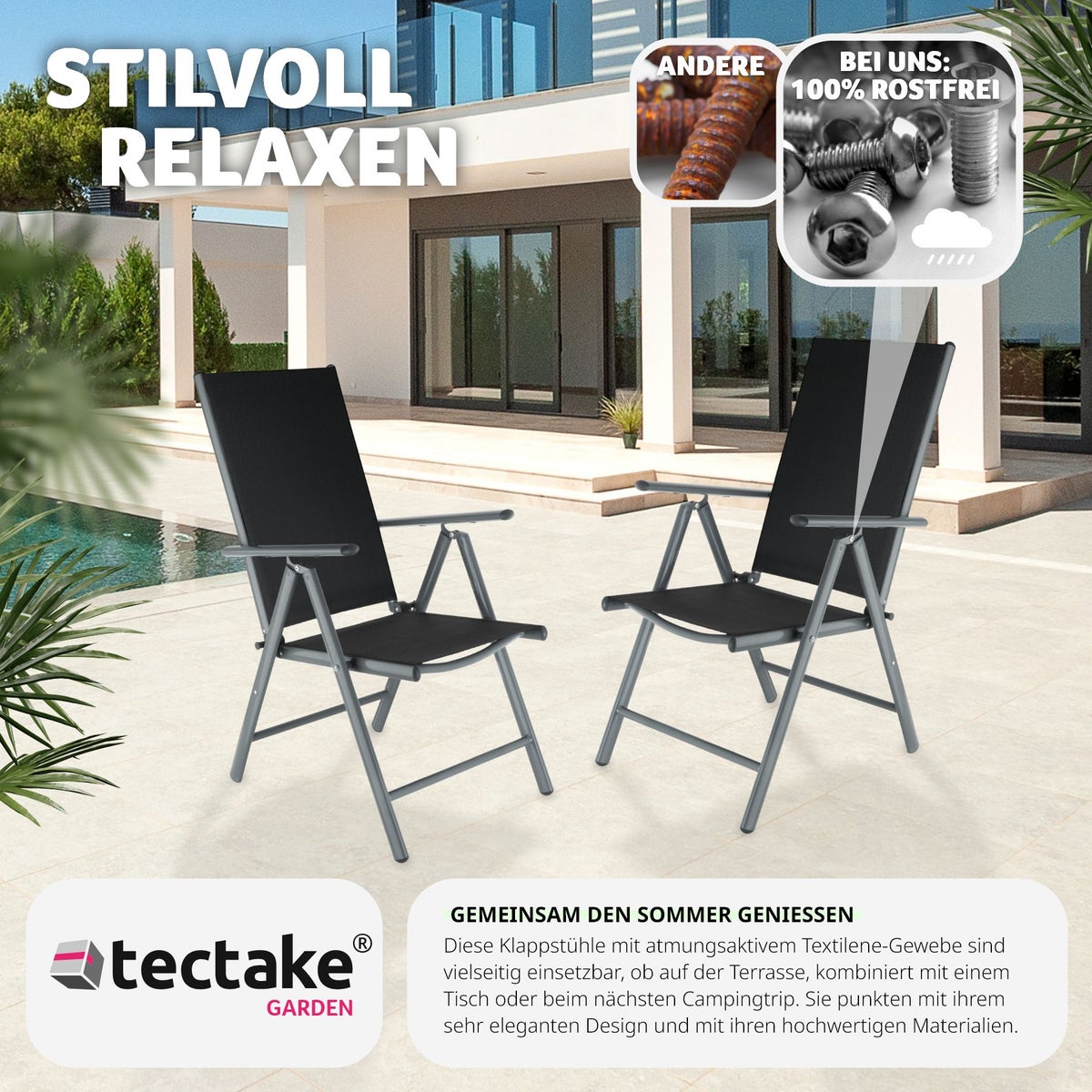 Set van 2 tectake Marilena opvouwbare tuinstoelen, 67 x 56 x 105 cm