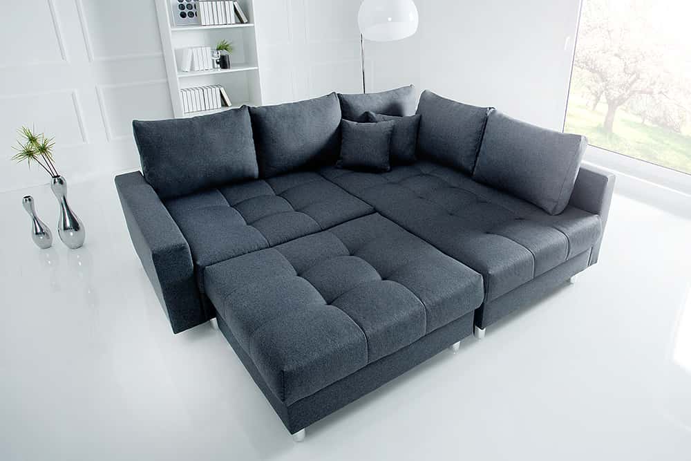 Moderne Wohnlandschaft KENT 220cm anthrazit Ecksofa Federkern inkl. Hocker und Kissen
